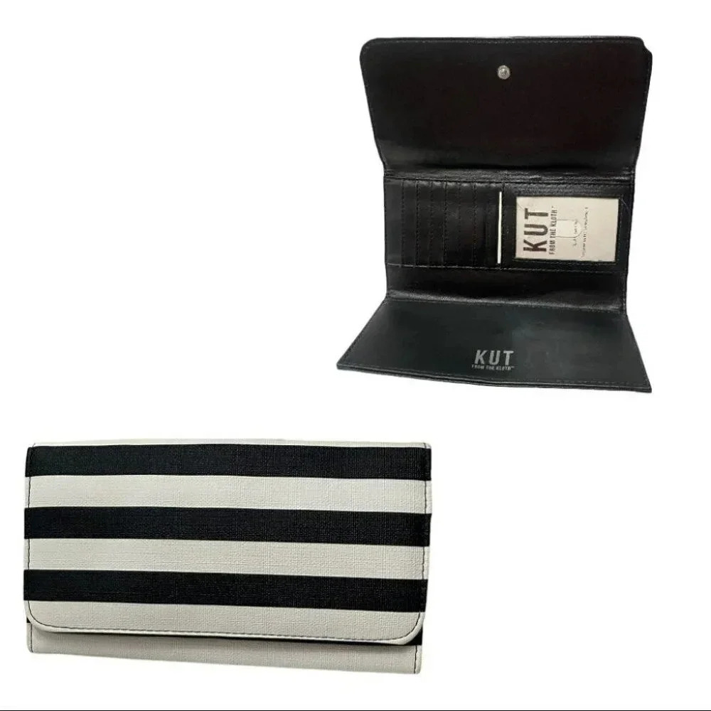 KUTโ from the Kloth Wallet OS Black White Striped Canvas Snap Tri-fold Organizer